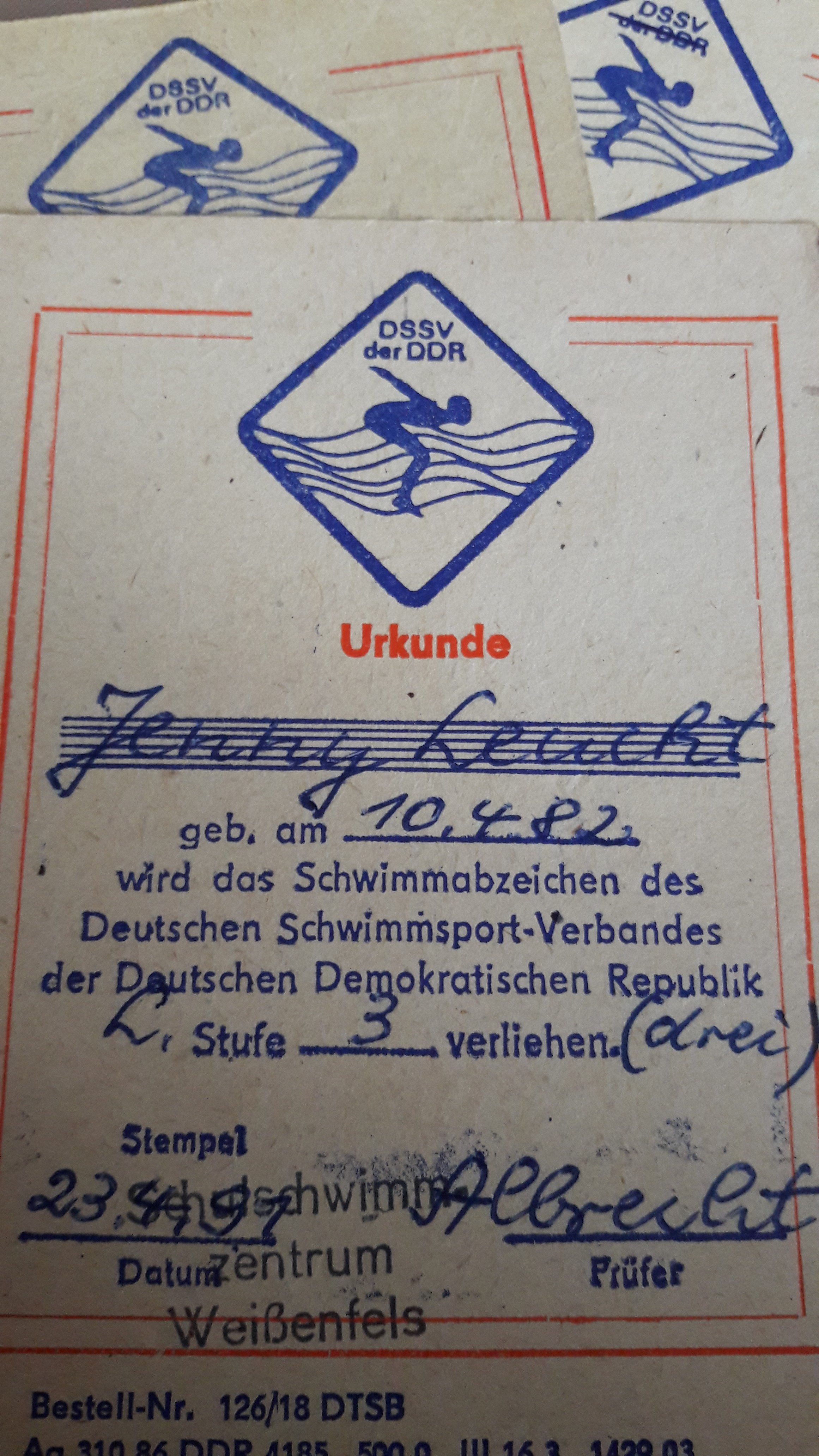 BLANKO original URKUNDE für Schwimmabzeichen der DDR Schwimmstufe DSSV 10 Stück 